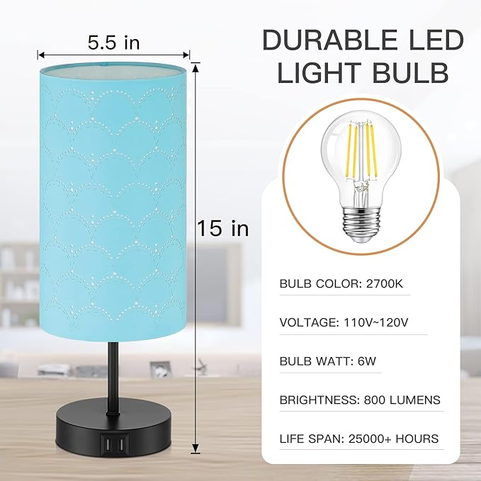 Touch Control Bedside Lamp with 2 USB Ports, 3-Way Dimmable Table lamp for Bedroom, Nightstand Lamp with Round Blue Fabric Shade for Living Room Home Office (E26 LED Bulb Included) - Bloomnest