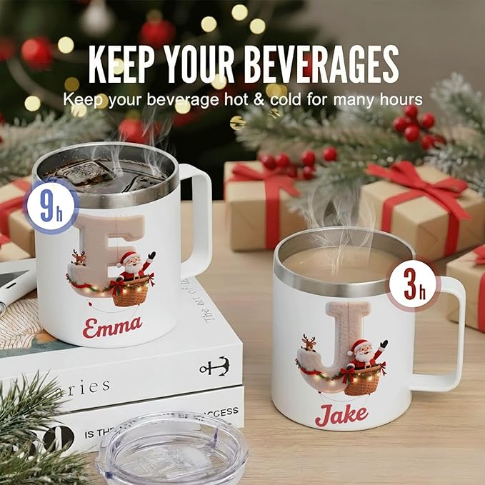 Personalized Christmas Mug | Custom Santa & Reindeer Flight Initial Insulated Coffee Cup with Handle & Lid | 12oz Holiday Tumbler, Cute Stocking Stuffer Gift (B15) - Bloomnest
