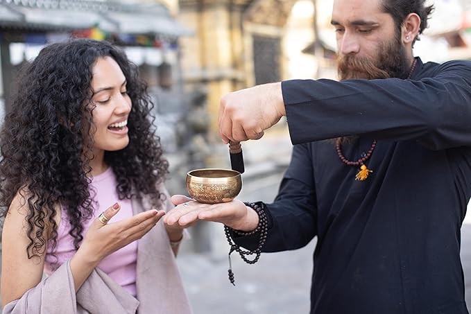 Tibetan Singing Bowl Set – Bronze Master Grade with Pure Tone & Thangka Art – Handmade in Nepal by Himalayan Bazaar (Gold & Yellow)