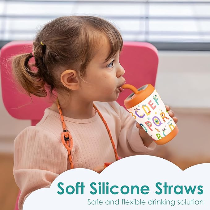Kid Insulated Stainless Steel Tumbler with Silicone Straw, 12oz Sippy Cup for Kids (Alphabet) - Bloomnest
