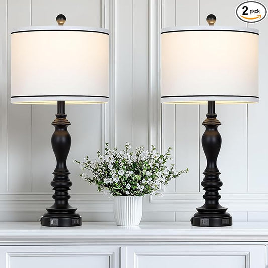28" Set of 2 Farmhouse Table Lamps for Living room, Bedside Lamp with USB C+A Ports & AC Outlets, Black Vintage End Table Lamps for Bedrooms, Nightstand Lamps Fabric Shades Rustic 2 LED Bulbs Included - Bloomnest