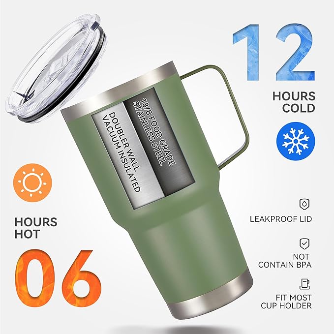 30 oz Tumbler with Handle and Lid, Stainless Steel Tumblers Double Wall Vacuum Insulated Travel Mug Leak Proof Cup Keep Drinks Cold and Hot Army Green, 1 Pack