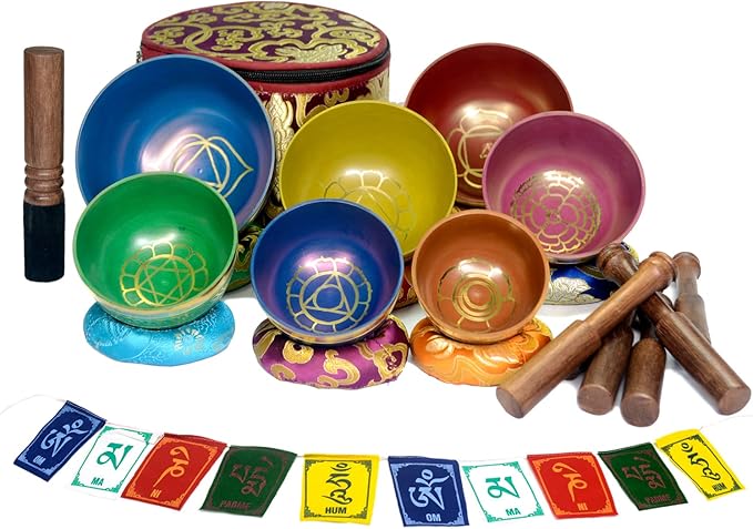 Tibetan Singing Bowl Set Of 7, Authentic 7 Metals, 7 Chakra Colors Mantra Chant Decorated Himalayan Singing Bowl For Chakra Healing, Meditation, Deep Relaxation, Stress Relief, Handmade In Nepal Khusi+Inc