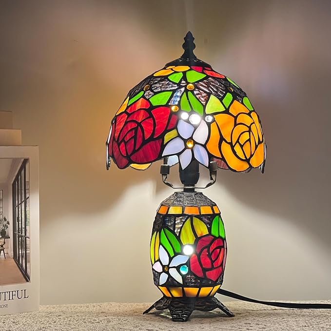 Small Tiffany Lamp Stained Glass Table Lamp Mini Mother Daughter Vase Desk Accent Night Light for Bedroom Bedside Reading Home Antique Style 8X14 Inches (Red Yellow) - Bloomnest