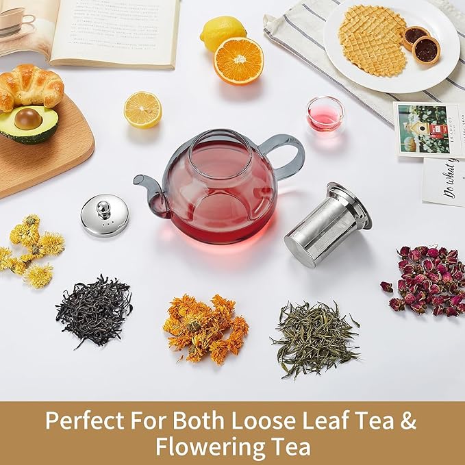 40OZ (1200ML) Glass Teapot with Infuser Stovetop Safe, Clear Glass Tea Pot Kettle, Borosilicate Tea Pot with Infusers Filter for Loose Tea, Tea Kettle Dishwasher Safe (Black) - Bloomnest