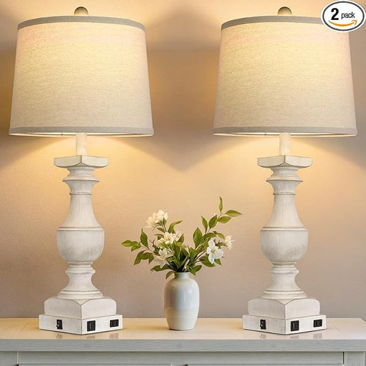 28'' Washed White Table Lamp for Bedroom Nightstand, Vintage Bedside Lamp with USB A+C Port, Farmhouse Desk Lamp with Linen Shade Set of 2, Traditional Nightstand Lamp, Rocker Switch,Bulb Included - Bloomnest