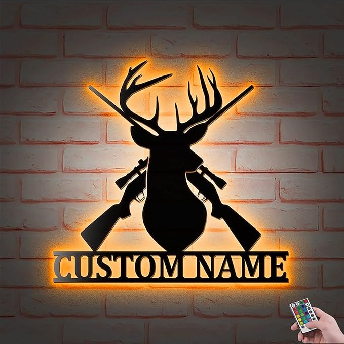 Lovely POD Personalized Hunting Metal sign, Hunting Art, Custom Deer Fish Hook Monogram Metal Wall Decor With Led Lights, Personalized Deer Hunting Wall Art Decoration, Hunting Name Sign Decoration - Bloomnest