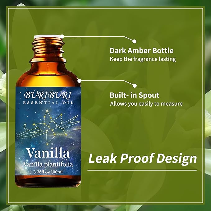 BURIBURI 100ML Vanilla Essential Oil, 100% Pure Undiluted Aromatherapy Vanilla Oil 3.38fl.oz for Soap, Candle Making, Massage, Diffuser, Humidifier BURIBURI
