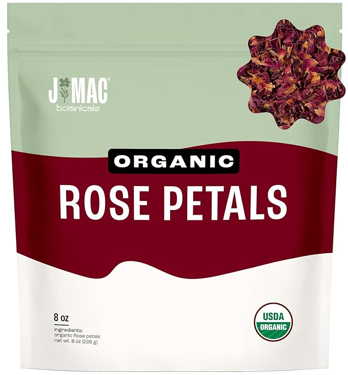 J MAC BOTANICALS Organic Rose Petals, (8 oz) Certified USDA Organic, Edible, Culinary Grade for Herbal Tea, Cooking and Crafts - Bloomnest