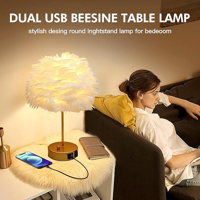 ZYLEIESENBAO Chic White Feather Lamp with USB Charging Port Modern Feather Table Lamp Cute Romantic Bedside Nightstand Light for Girl Room Childrens Room Living Room Entry Wedding Decoration - Bloomnest