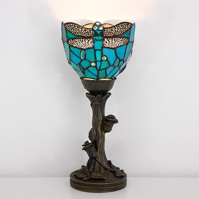Small Tiffany Lamp Stained Glass Table Lamp Desk Uplight 6X6X13.5 Inch for Bedroom Bedside Office (Green Dragonfly) - Bloomnest