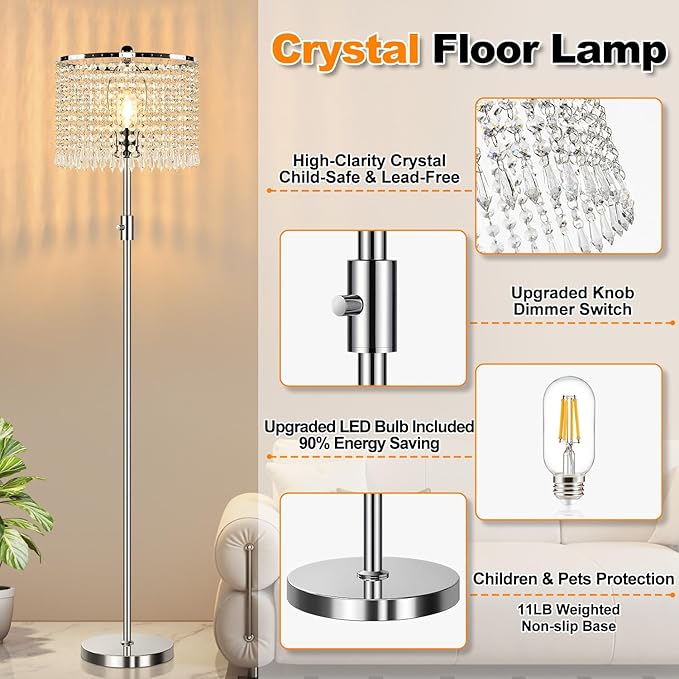 【Upgraded】 Dimmable Floor Lamps for Living Room, 1000LM LED Bulb Included, Standing Lamp with Crystal Lampshade, Tall Silver Pole Light for Bedroom Nursery Office Corner Reading - Bloomnest