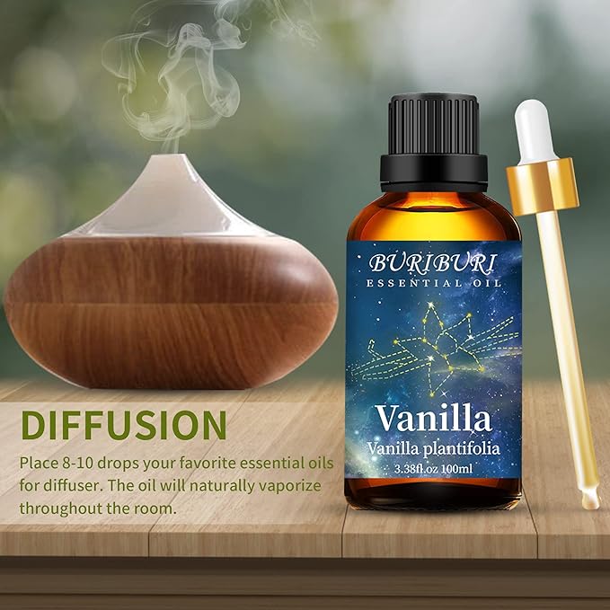 BURIBURI 100ML Vanilla Essential Oil, 100% Pure Undiluted Aromatherapy Vanilla Oil 3.38fl.oz for Soap, Candle Making, Massage, Diffuser, Humidifier BURIBURI