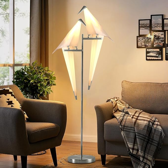 MORE CHANGE 68In Bird Floor Lamp, Modern Origami Bird Lamp, Silver Swinging Crane Pendant Light Fixtures for Living Room Bedroom Dinning Room Office - Bloomnest