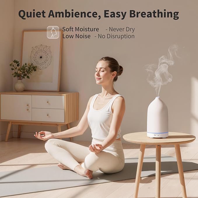 URPOWER 120ML Essential Oil Diffuser Ceramic Aromatherapy Diffuser with 7-Color LED Lights, Auto Shut-Off, 2 Mist Modes, Humidifier for Home Office Decor, Scent Diffuser for Yoga Spa - Bloomnest