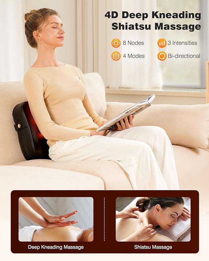Back Massager with Heat-Shiatsu Massagers for Neck and Shoulder Pain-3D Kneading Massage for Lower Back/Neck/Leg Pain Relief-Lumbar Support Pillow for Office Chair-Chirstmas Gifts for Mom Dad - Bloomnest