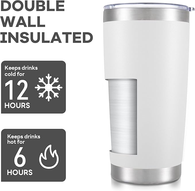 20 oz Tumbler with Lid Stainless Steel Insulated Tumblers Bulk Double Wall Vacuum Cups Powder Coated Travel Mug Keep Drink Cold and Hot, White, 8 Pack - Bloomnest