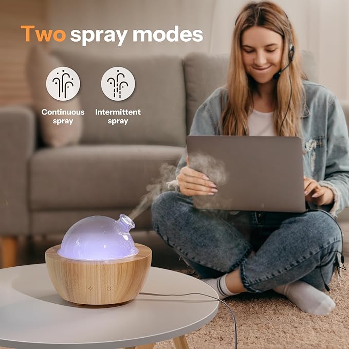 Wanlola 280ml Glass Essential Oil Diffuser with Natural Wood Base, The 2025 Upgrade Aromatherapy Diffusers for Home, Cool Mist Air Aroma Diffuse Humidifier with 7 Color Lights for Office, Bedroom Wanlola