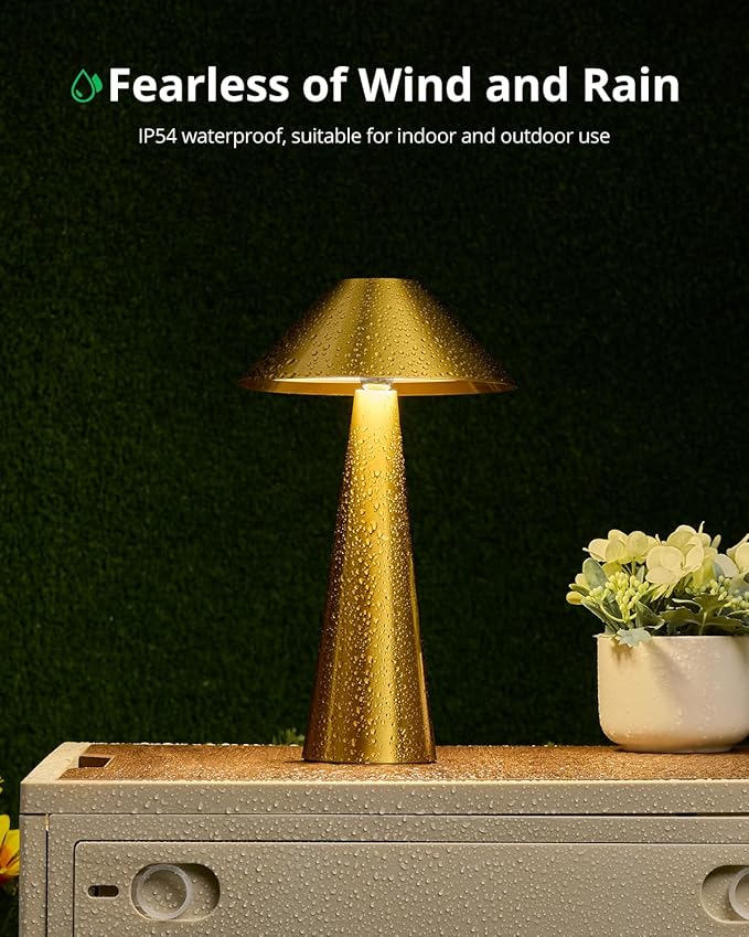 Bojim 2 Pack Rechargeable Cordless Table Lamp, Gold LED Battery Operated Wireless Table Lights, Touch for Color Changing Dimmable, IP54 Waterproof for Restaurant, Dining, Outdoor, Patio, Outside - Bloomnest
