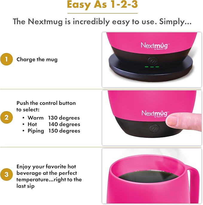 Nextmug - Temperature-Controlled, Self-Heating Coffee Mug (True Pink - 14 oz.) - Bloomnest