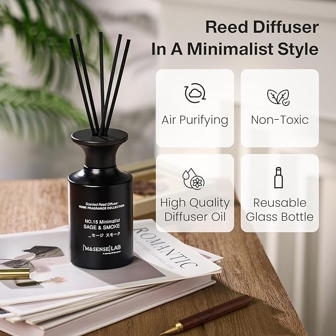 M&SENSE Reed Diffuser Set, 10.14 oz Non Toxic Reed Diffuser Sage Smoke Scented Home Fragrance Aromatherapy Diffuser for Bedroom Bathroom Office Home Decor Housewarming Gift