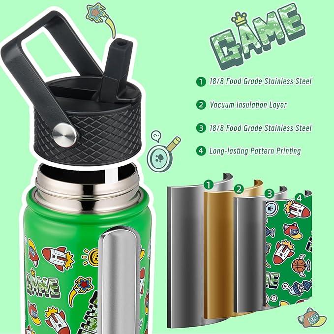 BJPKPK Insulated Water Bottle with Straw Lid, 18 oz Stainless Steel Metal Water Bottles, Reusable Leak Proof BPA Free Water Bottles, Cups, Thermo, Game - Bloomnest