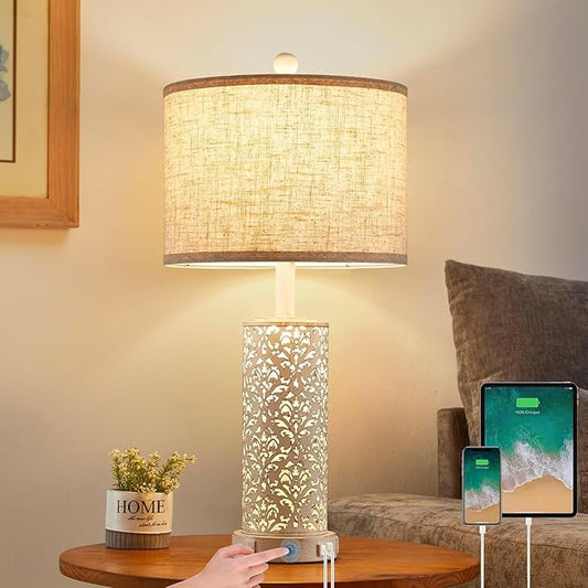 26" Farmhouse Table Lamp Dual Light, 3-Way Dimmable Touch Lamps, Rustic Nightstand Bedside Lamps with 2 USB Ports + AC Outlet, Modern Nightlight for Living Room Bedroom and Nightstand - Bloomnest