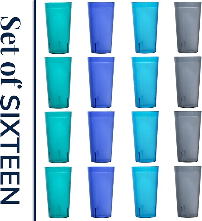US Acrylic Cafe Plastic Reusable Tumblers (Set of 16) 20-ounce Water Cups Coastal Colors | Restaurant Style Drinking Glasses Value Set, Stackable, BPA-free, Made in the USA | Top-rack Dishwasher Safe - Bloomnest