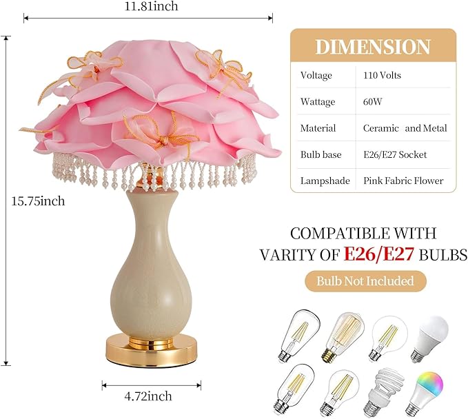 Pink Rose Flower Lamp Nordic Flower Table Lamp Romantic Ceramic Nightstand Light Modern Princess Bedside Lamp for Girl Valentines Mother's Day Wedding Decor Bedroom Living Room Entry - Bloomnest