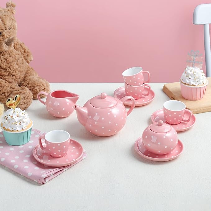 fanquare Porcelain Tea Service Set for Girls, 12Pieces Role Play Tea Sets with Box for Holiday Gifting Party, Pink and Polka Dot - Bloomnest