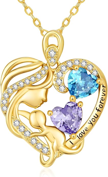 14K Gold Double Birthstone Heart Necklace for Women Mom, Mother Son/Daughter Pendant Necklace for Christmas Mother's Day Birthday Gifts for Wife Daughter Grandmom - Bloomnest