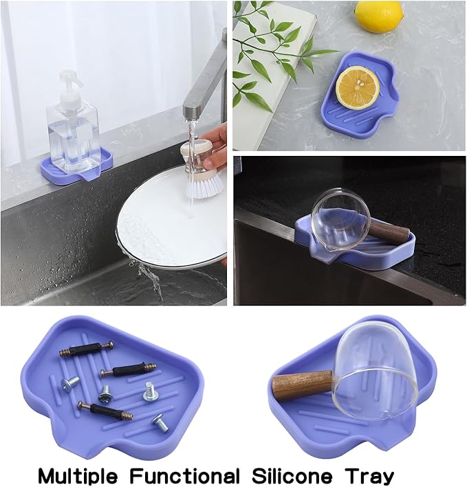 Silicone Bathroom Soap Dishes with Drain Spout-Bathroom and Kitchen Sink Organizer,Sponge Holder,Dish Soap Tray,Perfect for Dispenser,Scrubber,Bottle on Sink or Counter-Light Purple 4.9"×3.2" - Bloomnest