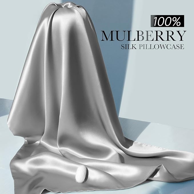 100% Mulberry Silk Pillowcase for Hair and Skin, 22 Momme Pure Natural Silk Pillow Case Both Sided with Zipper, Pillow Cover for Women Mom Men(Silver Grey, Queen 20''×30'', 2 Pack) - Bloomnest