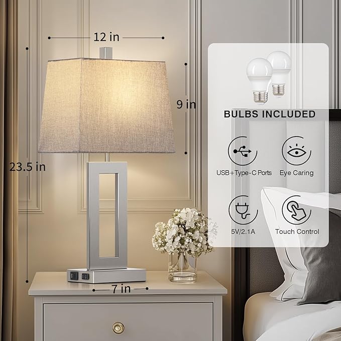 Touch Control Table Lamp Set of 2, Modern Silver Bedside Lamps with USB C+A Ports & AC Outlet, 3 Way Dimmable Bedroom Lamps for Night Stands Bedroom Living Room,Nightstand Lamp - Bloomnest
