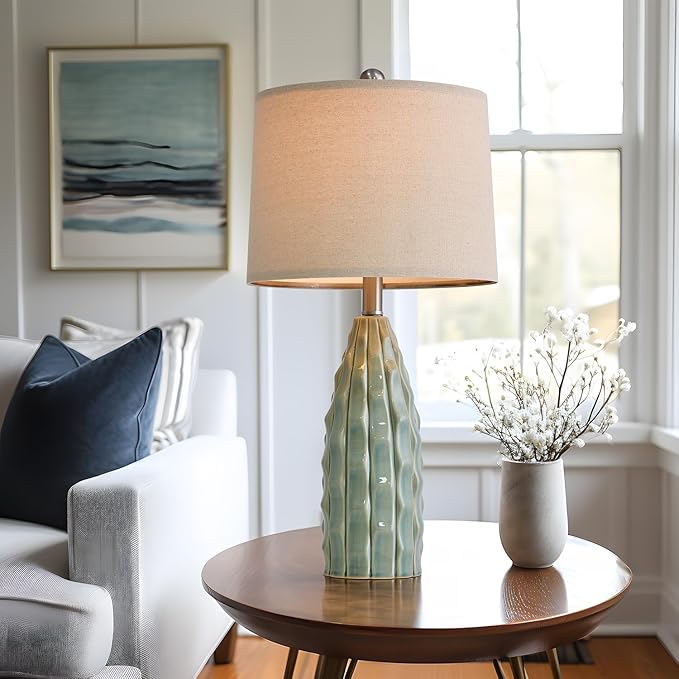 Ceramic Table Lamps Set of 2, 23.75" Modern Farmhouse Bedside Lamp - Green Nightstand Lamps for Bedroom, Boho Living Room End Tables, Small Office Desk Lamp Decor - Bloomnest