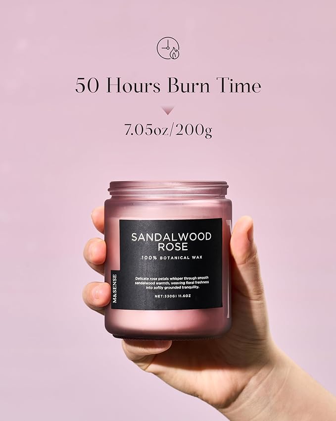 M&SENSE Sandalwood Rose Scented Candle 7.05oz 50 Hours Long Lasting Burn Natural Soy Wax Strong Scented Candle for Home, 2 Wick Home Fragrance Slow Burning Housewarming Gifts for Men Women - Bloomnest