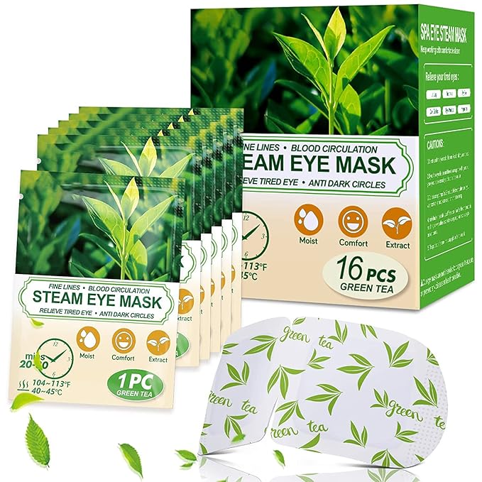 16 Packs Steam Eye Masks for Dry Eyes, Green Tea Warm Eye Mask, Relief Eye Fatigue & Puffy Eyes, Moist Heating Compress for Eyes, Self Heated Eye Mask, Disposable Travel Essentials & Relaxation Sets - Bloomnest