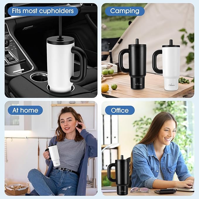 2 Pack 24oz Tumbler with Handle and Straw | Insulated Stainless Steel Travel Mug, Leakproof Lid Double-Wall Vacuum Cup for Hot & Cold Beverages - Fits Cup Holder, for Coffee, Tea, Water, White & Black - Bloomnest