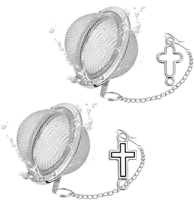 2Pcs Baptism Stainless Steel Mesh Tea Infuser, 2.1inch Tea Ball with Jesus Cross Pendant Christian Gifts,Tea Strainer Tea Diffuser Tea Steeper for Filtering Tea,Tea Infusers for Loose Tea (Cross, 2PC) - Bloomnest