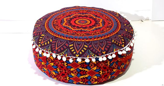 INDIAN CRAFT CASTLE ICC Floor Pillows & Cushion Covers Decorative Hippie Mandala Pouf Pillow Covers Seating Meditation Cushion Cover Large Boho Ottoman Case Pillowcase Couch New Orange, 18" Round - Bloomnest