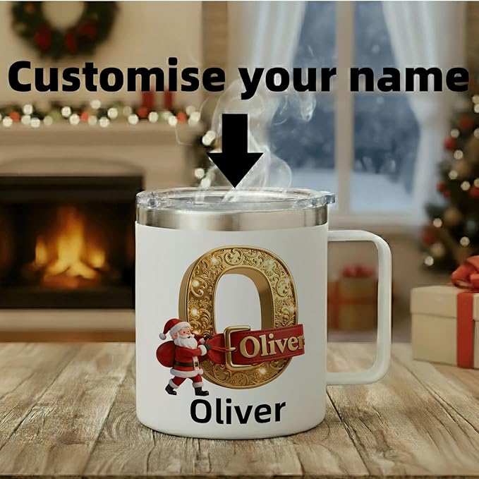 Personalized Christmas Mug | Custom Elegant Gold Initial Insulated Coffee Cup with Handle & Lid | 12oz Holiday Tumbler, Unique Santa Gift for Women & Family (B32) - Bloomnest