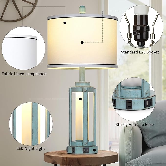 Farmhouse Lamps Set of 2, 26" Vintage Rustic Industrial Beside Lamps with USB A+C Charging Ports & AC Outlet, Nightstand Metal Lamp with LED Night Light & Fabric Shade for Living Room Bedrooms Blue - Bloomnest