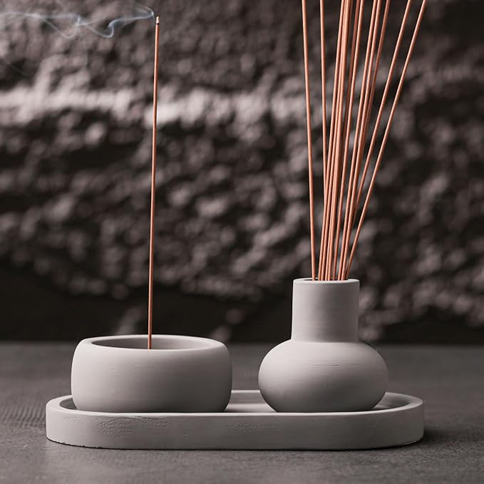 Concrete Incense Burner Set with Holder and Tray,Multifunction Incense Holder for Burning Sage,Palo Santo,Incense Sticks,Ideal for Meditation Home Decor(Grey) - Bloomnest