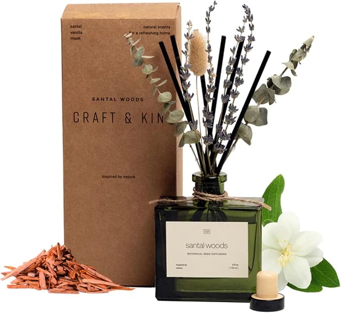 Craft & Kin Reed Diffuser with Dried Flowers | 5 oz Santal Woods Scented Reed Diffusers for Home, Bathroom | Scent Sticks | Elegant Fragrance Home Decor for Men & Women CraftKin