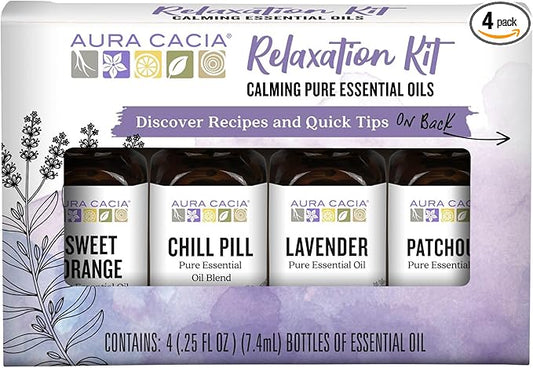 Aura Cacia Essential Oil Relaxation Kit, 4-Pack, Lavender, Patchouli, Sweet Orange, Chamomile, Sweet Basil & Learning Guide - Bloomnest