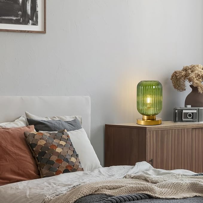 Mid Century Modern Table Lamp: Vintage Green Ribbed Glass Globe Dimmable Plug in Small Bedside Lamps - Cute Brass Gold Side Table Lamp Nightstand Light for Bedroom Entryway Office Desk Living Room - Bloomnest