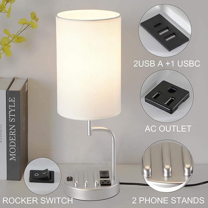 Dreamholder Table Lamp with 3 USB Charging Ports, Modern Desk Lamp with AC Outlet and Phone Stands, Perfect Bedside Lamp for Bedroom, Living Room, Office (Pack of 2), Silver - Bloomnest