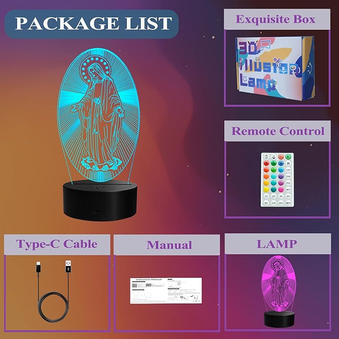 Virgin Mary Night Light, Virgin Mary Gifts, 3D Illusion Lamp with Remote Control, 16 RGB Colors, 4 Flashing Modes, Timer, Dimmable, Kids Catholic Gifts Room Decoration for Holiday Birthday Christmas - Bloomnest