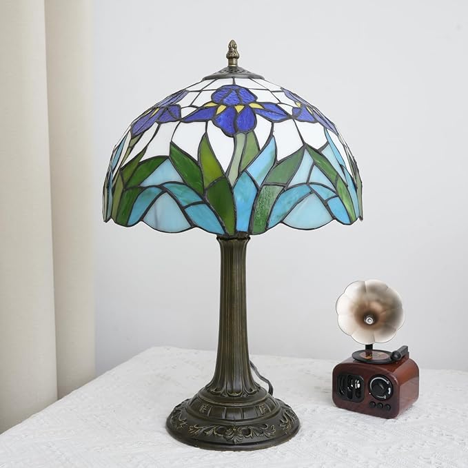 Tiffany Lamp Rural Style Green Blue Iris Flower Stained Glass Lamps Reading Bedside Bedroom Table Lamp Living Room end Kitchen Hotel Bar Home Small Space Decor Metal Base 12X19 Inche LED Vintage Lamp - Bloomnest