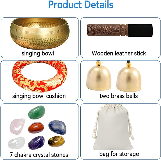Tibetan Singing Bowl Set, Meditation Sound Bowl with Wooden Striker, Crystal Stones, Cushion, Bell for Yoga, Meditation & Relaxation, Stress Relief, Self-Regulation Yuqutum